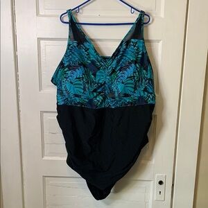 BloomChic Plus Size Green and Blue One Piece V-Neck Swimsuit